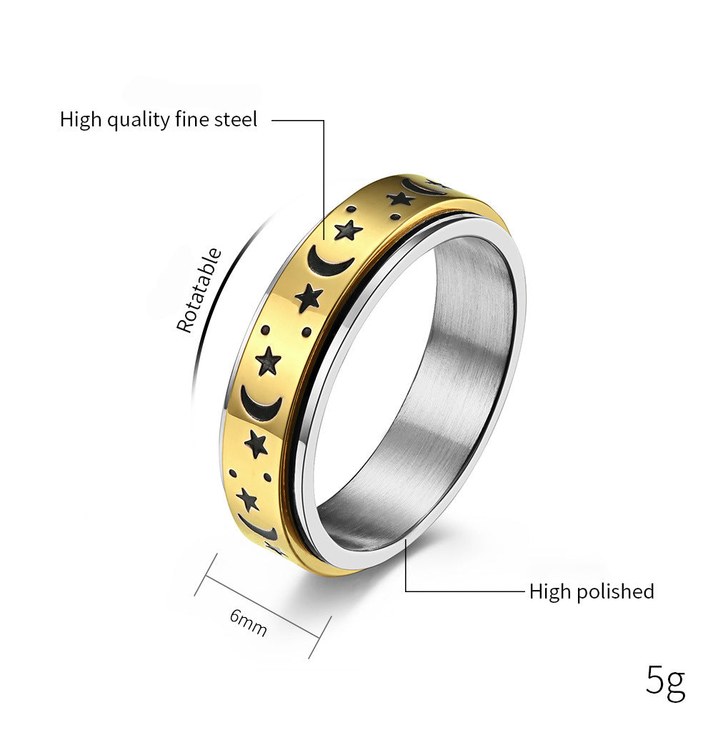Star-Moon Titanium Ring with Glow-in-the-Dark Effect | Rotatable Anti-Stress Ring - 316L Stainless Steel for Women & Men
