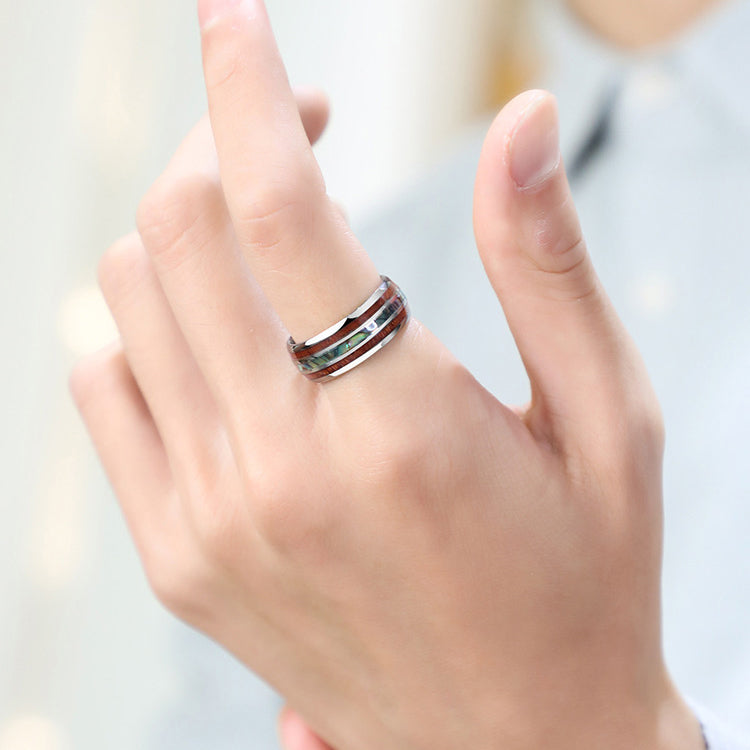 Natur-Inspirierter Wolframcarbid-Ring – Perlmutt & Edelholz in 8mm Breite
