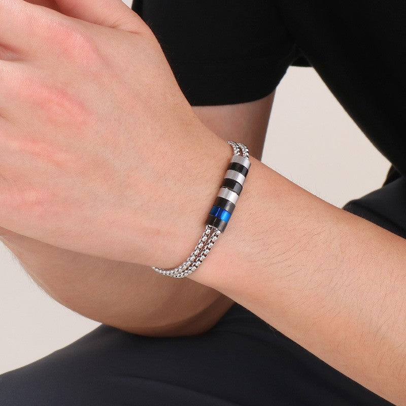 Stainless steel bracelet for men with maritime motifs - anchor, steering wheel, tree of life and stars in 2-layer design