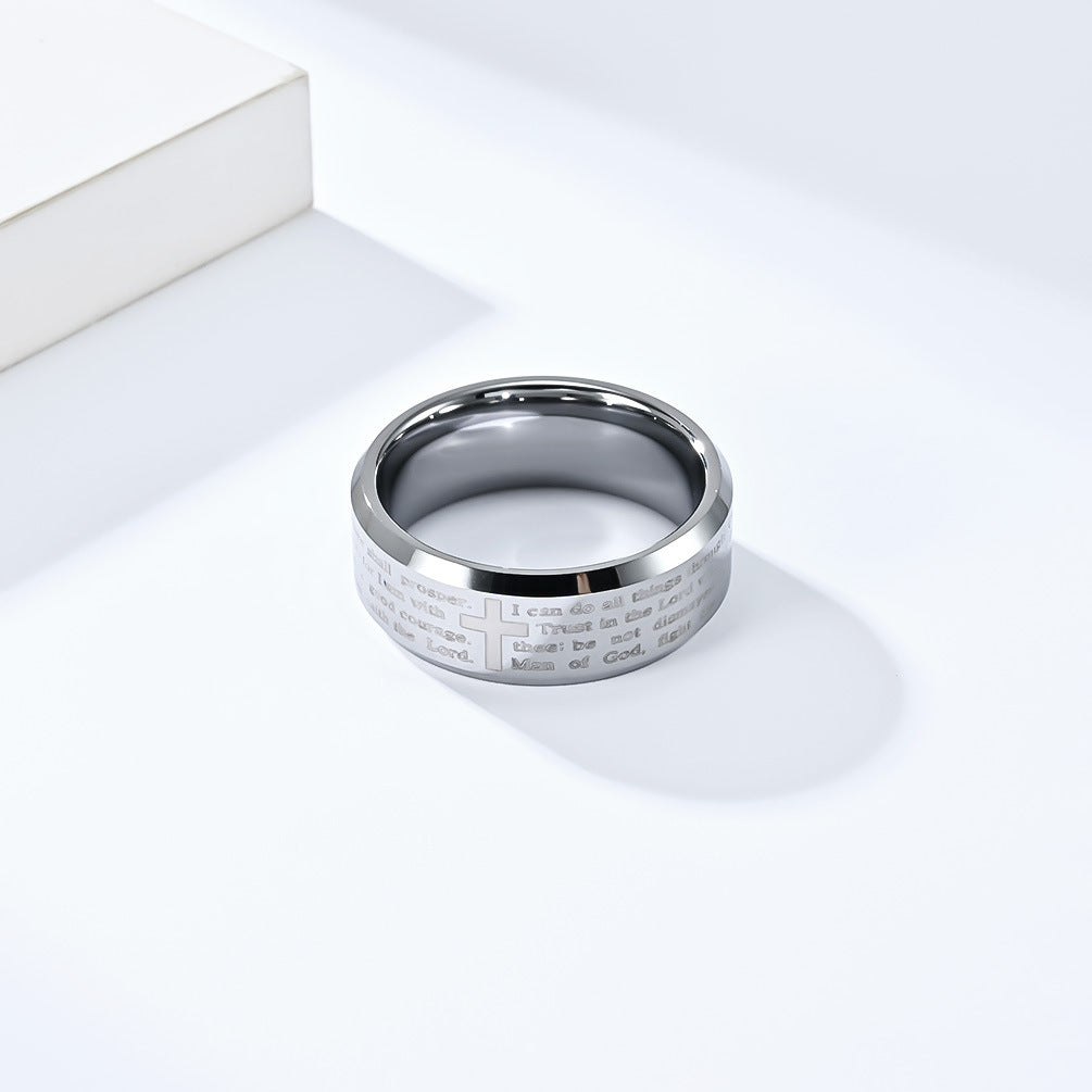 Wolframcarbid-Ring mit Laser-Gravur – Kreuz & Bibelzitat in modernem Design
