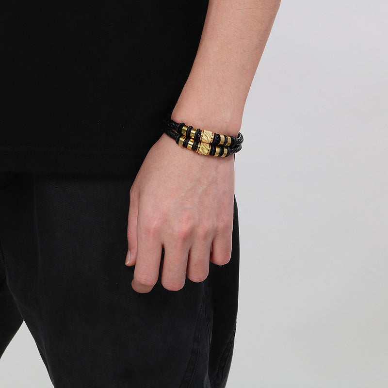 Multi-layered leather braided bracelet made of stainless steel – retro punk design with magnetic clasp