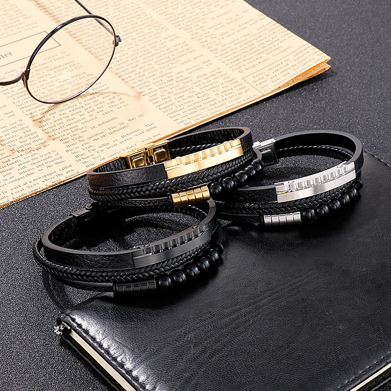 Multi-layer braided leather bracelet with stainless steel & geometric beads – Handmade unique jewelry