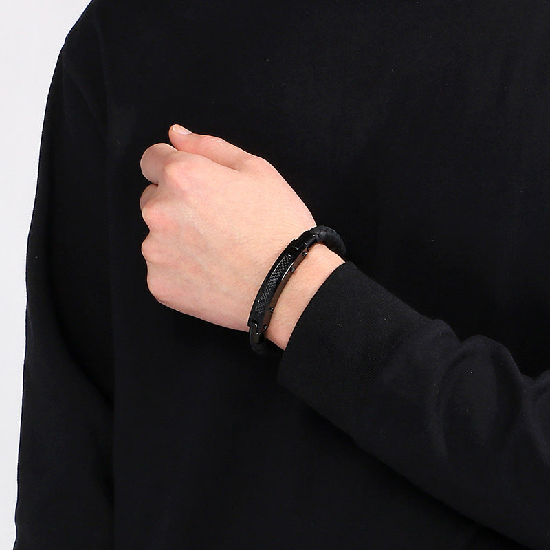 Fashionable men's bracelet made of stainless steel & braided leather - With fiber or steel wire inlays