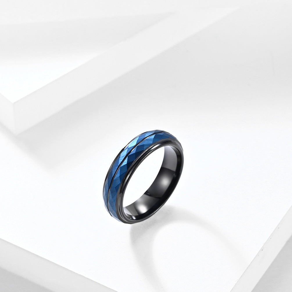 Wolframcarbid-Ring mit Rautenmuster & Schwarz-Blau-Optik – Künstlerisches Herrenaccessoire