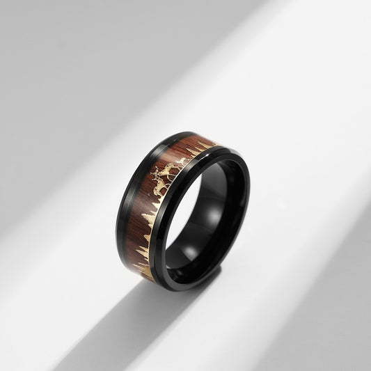 Wild Deer Titanium Steel Ring with Wood Look - Nature-Inspired Men's Jewelry - Forest Motif Wedding Ring - Rustic Wood & Metal Ring
