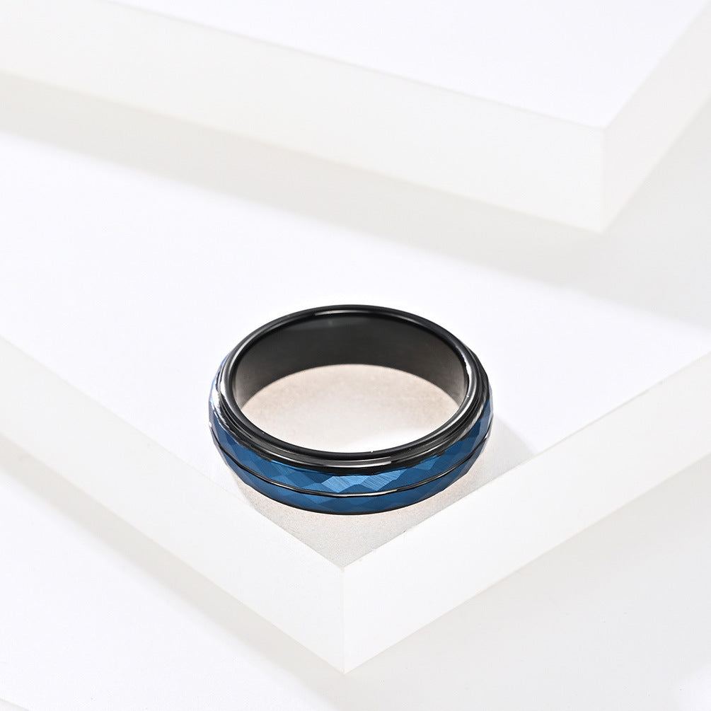 Wolframcarbid-Ring mit Rautenmuster & Schwarz-Blau-Optik – Künstlerisches Herrenaccessoire