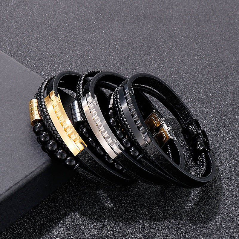 Multi-layer braided leather bracelet with stainless steel & geometric beads – Handmade unique jewelry