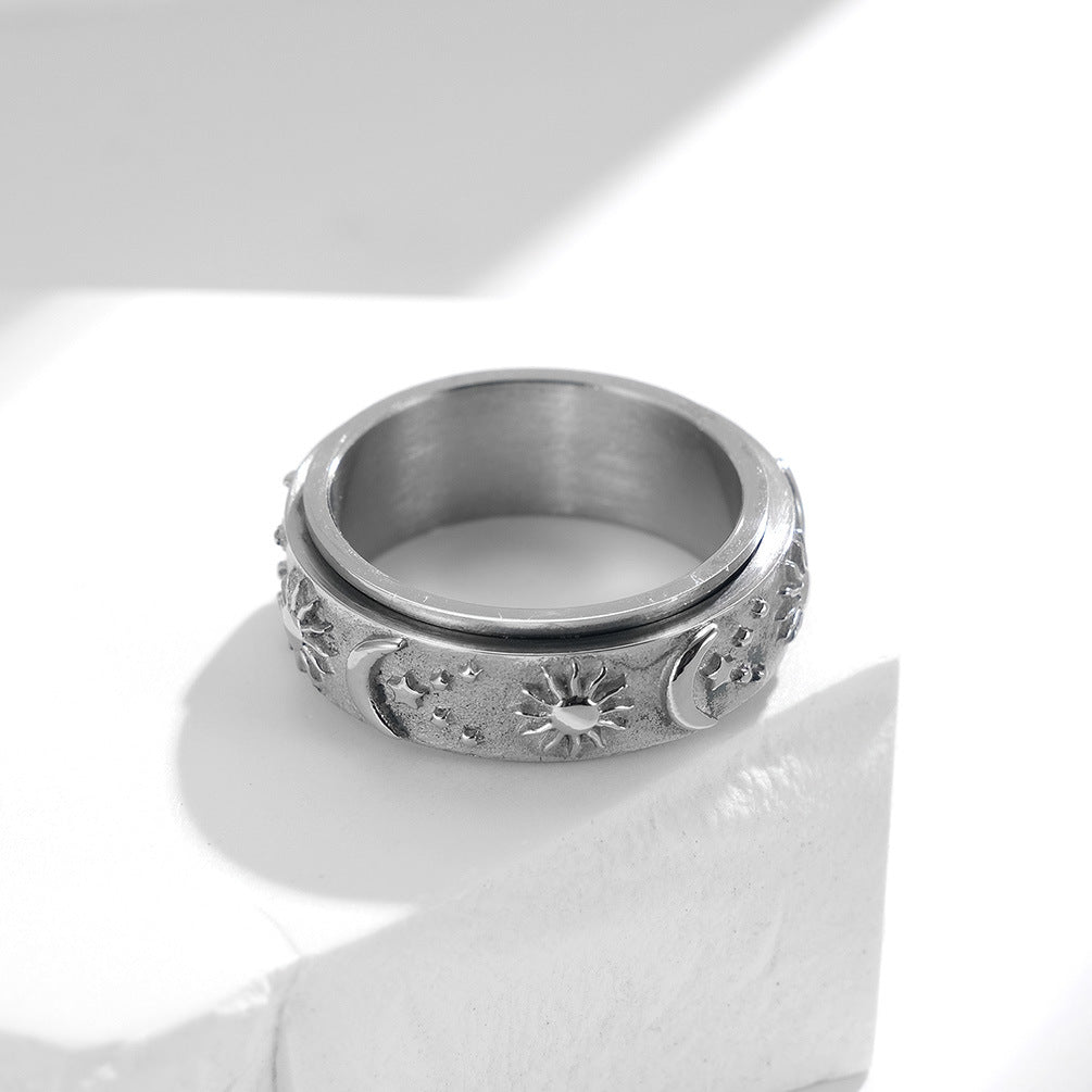 Star-Moon-Sun Titanium Ring | Rotatable Anti-Stress Ring - 316L Stainless Steel with Celestial Motif