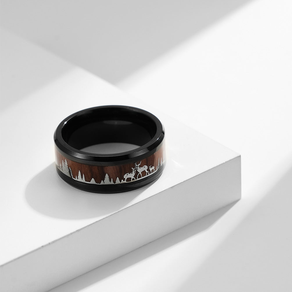 Wild Deer Titanium Steel Ring with Wood Look - Nature-Inspired Men's Jewelry - Forest Motif Wedding Ring - Rustic Wood & Metal Ring
