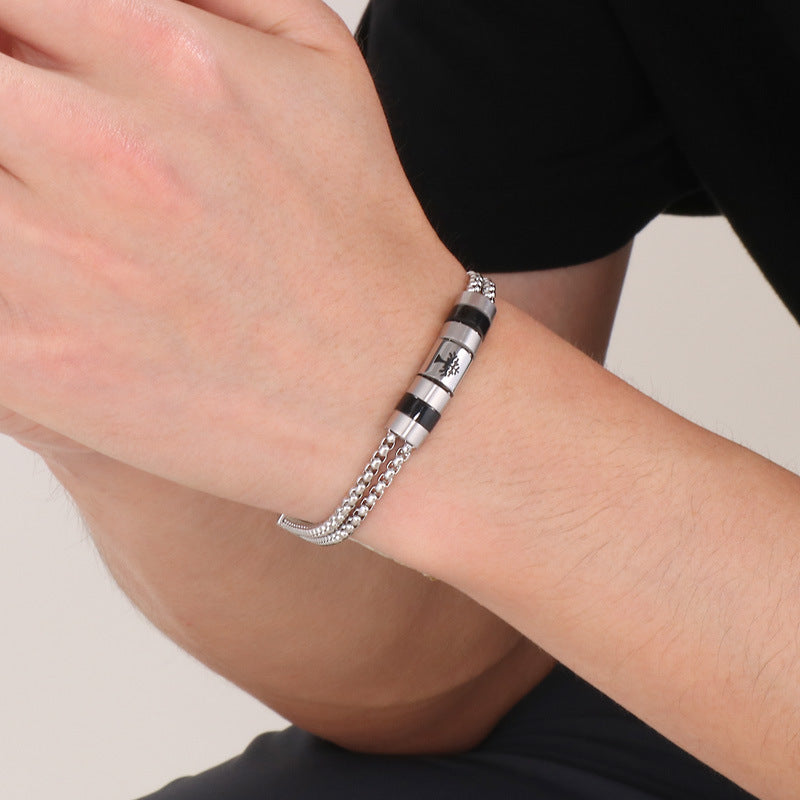 Stainless steel bracelet for men with maritime motifs - anchor, steering wheel, tree of life and stars in 2-layer design