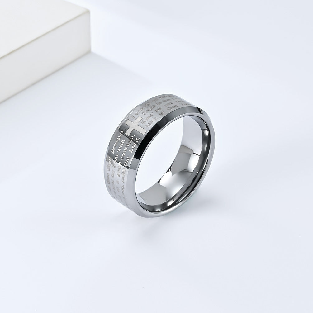 Wolframcarbid-Ring mit Laser-Gravur – Kreuz & Bibelzitat in modernem Design
