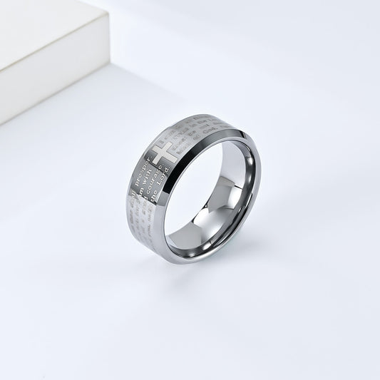 Wolframcarbid-Ring mit Laser-Gravur – Kreuz & Bibelzitat in modernem Design