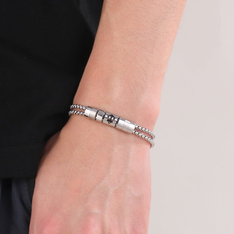 Stainless steel bracelet for men with maritime motifs - anchor, steering wheel, tree of life and stars in 2-layer design