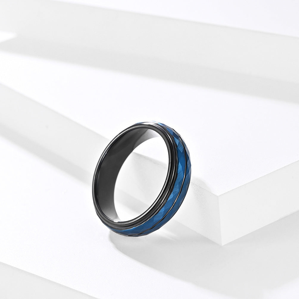 Wolframcarbid-Ring mit Rautenmuster & Schwarz-Blau-Optik – Künstlerisches Herrenaccessoire