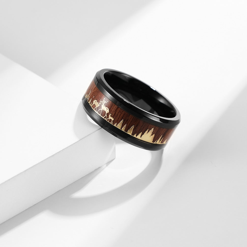 Wild Deer Titanium Steel Ring with Wood Look - Nature-Inspired Men's Jewelry - Forest Motif Wedding Ring - Rustic Wood & Metal Ring