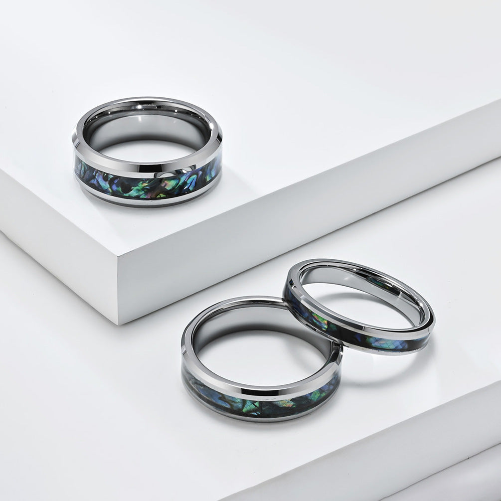 Wolframkarbid Paarringe mit Abalone-Einlage - Edle Partnerringe in Titanoptik - Kratzfeste Hochzeitsringe für Paare - Moderner Unisex-Schmuck