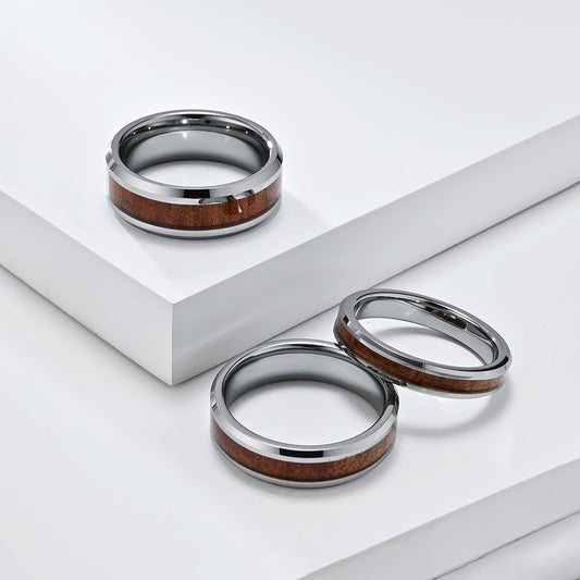 Simple tungsten carbide ring with wood look - 4-6-8mm unisex partner rings - Minimalist wedding rings made of titanium & wood - Scratch-resistant couple rings
