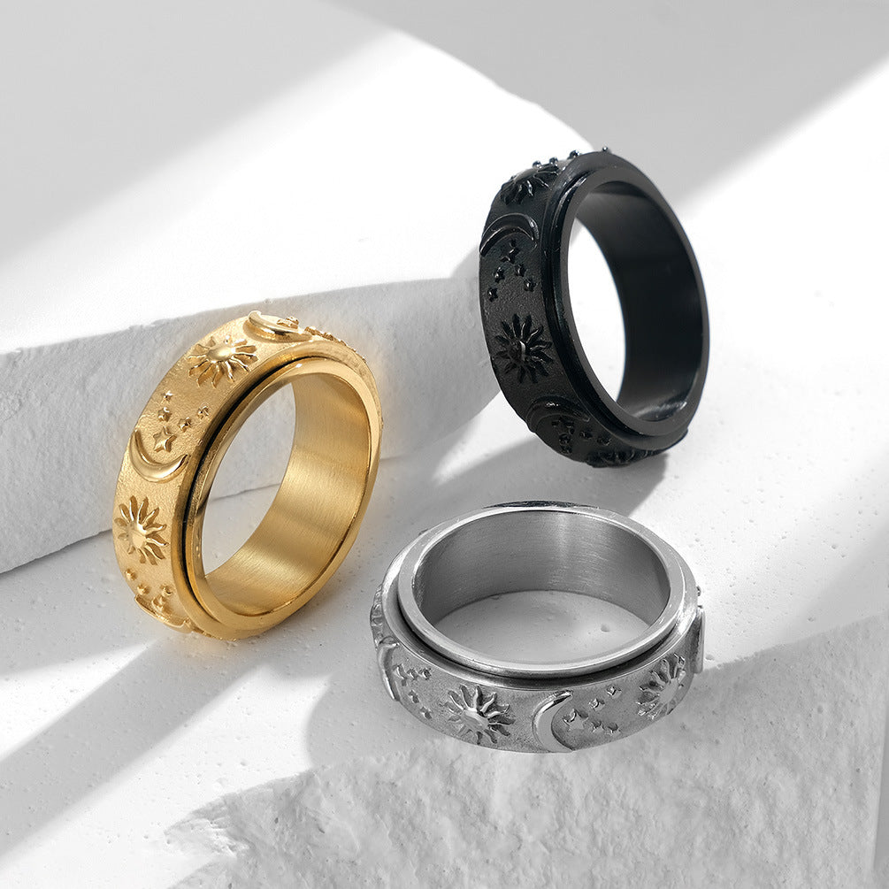 Star-Moon-Sun Titanium Ring | Rotatable Anti-Stress Ring - 316L Stainless Steel with Celestial Motif