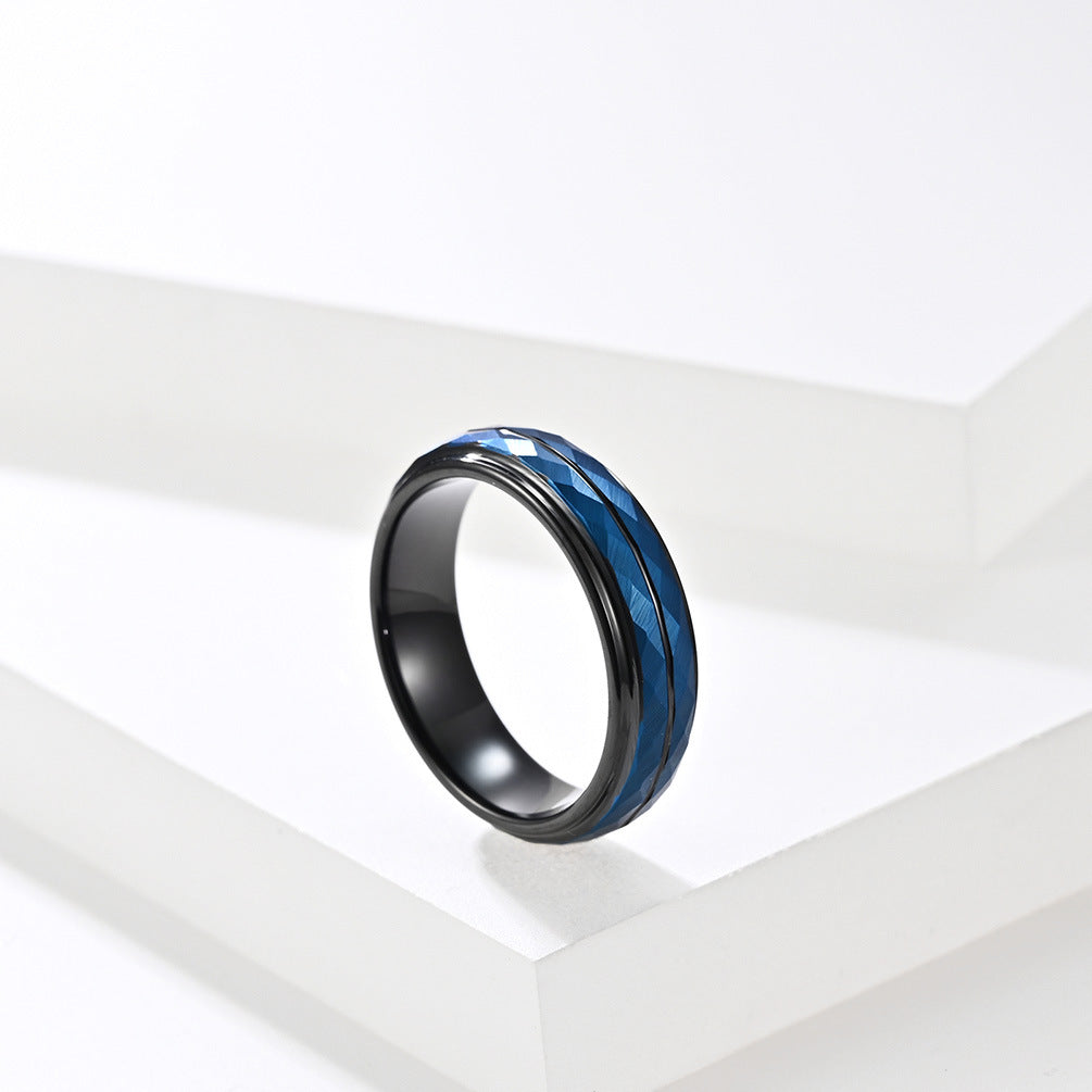 Wolframcarbid-Ring mit Rautenmuster & Schwarz-Blau-Optik – Künstlerisches Herrenaccessoire