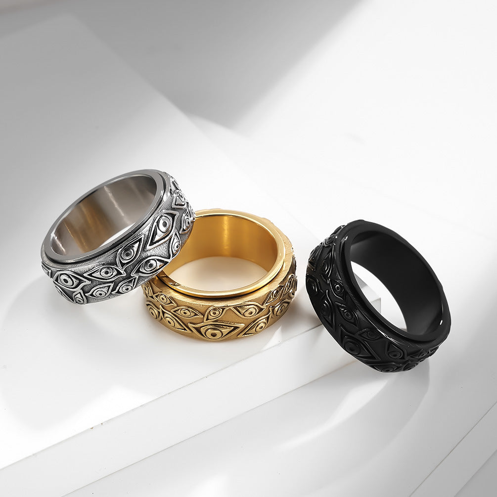 Demon Eye Titanium Ring for Men | Rotating Anti-Stress Ring - 316L Stainless Steel in Vintage Design
