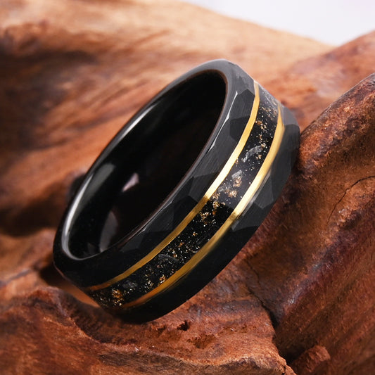 PIOWNN® 8mm Wolframcarbid Ring - Meteorit mit Goldfolie & Zirkonia