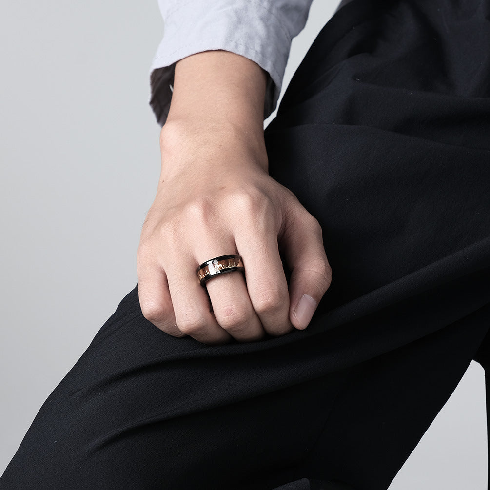 Wild Deer Titanium Steel Ring with Wood Look - Nature-Inspired Men's Jewelry - Forest Motif Wedding Ring - Rustic Wood & Metal Ring