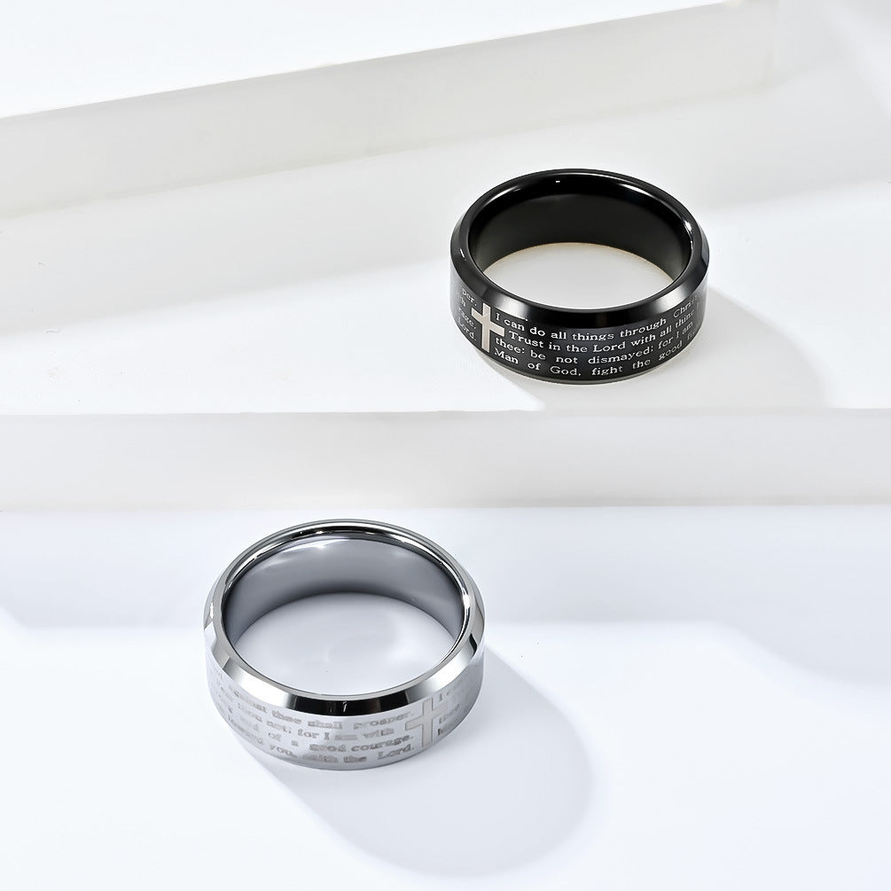 Wolframcarbid-Ring mit Laser-Gravur – Kreuz & Bibelzitat in modernem Design