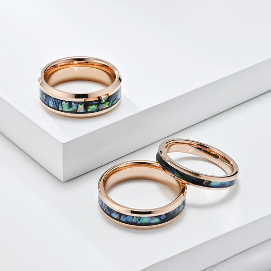 Wolframkarbid Paarringe mit Abalone-Einlage - Edle Partnerringe in Titanoptik - Kratzfeste Hochzeitsringe für Paare - Moderner Unisex-Schmuck