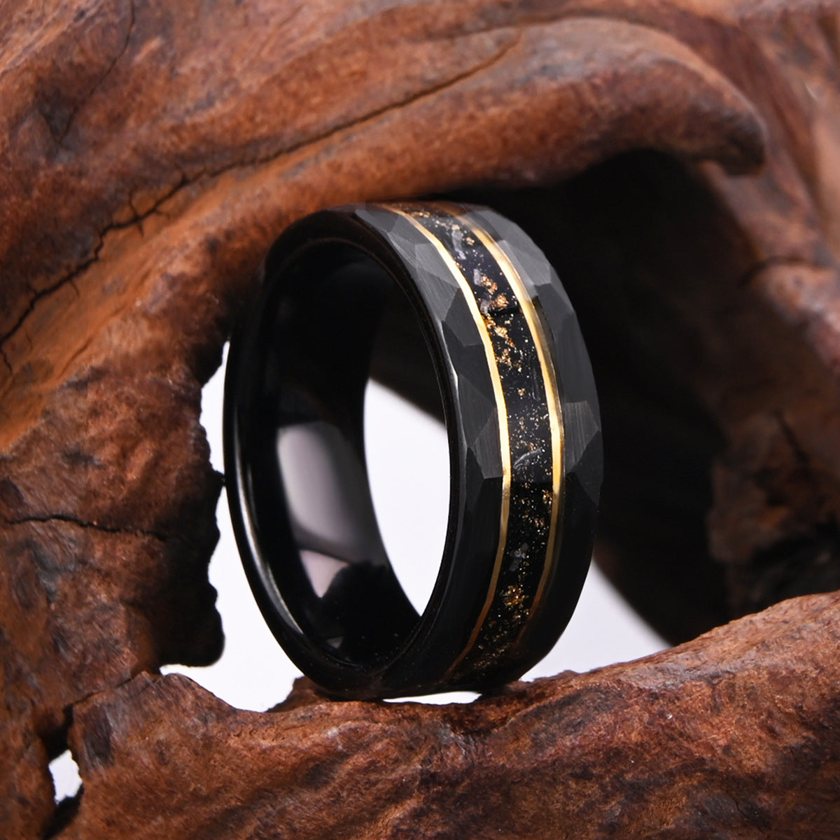 PIOWNN® 8mm Wolframcarbid Ring - Meteorit mit Goldfolie & Zirkonia