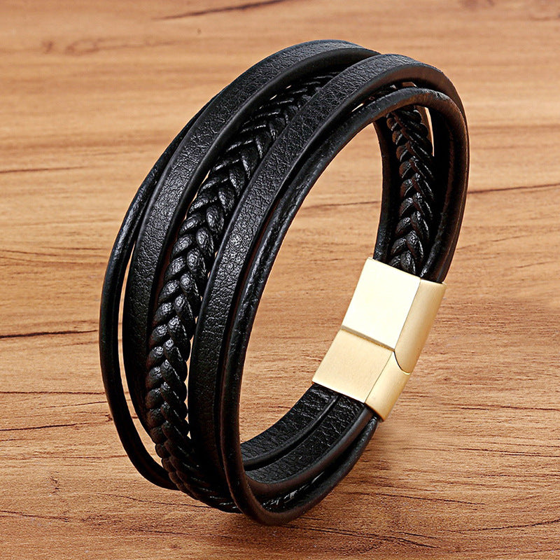5-lagiges Titanstahl Lederarmband - Schwarz geflochtener Herrenschmuck - Robustes Naturleder-Armband mit Metallakzent