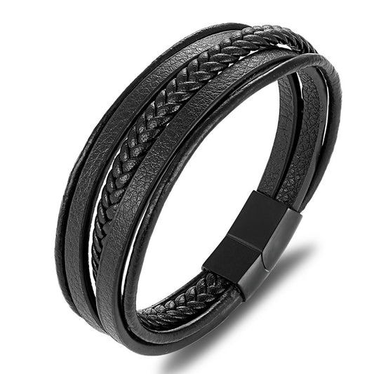 5-lagiges Titanstahl Lederarmband - Schwarz geflochtener Herrenschmuck - Robustes Naturleder-Armband mit Metallakzent