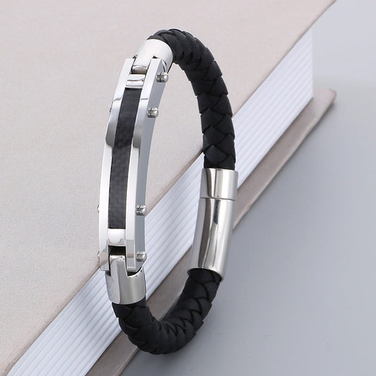 Fashionable men's bracelet made of stainless steel & braided leather - With fiber or steel wire inlays