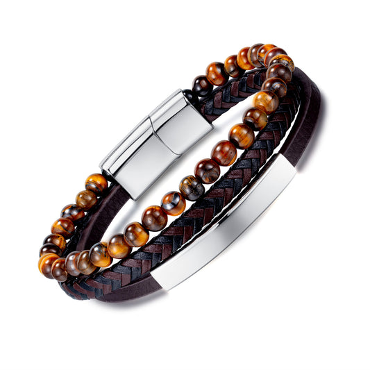Braided leather bracelet with tiger eye for men – multi-layer design