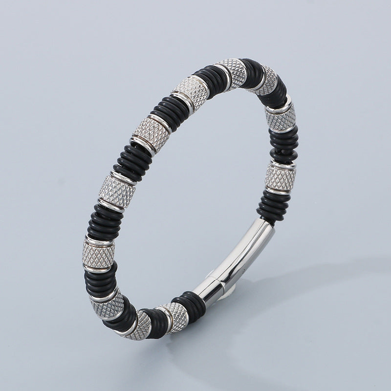 Stainless steel bracelet for men with microfiber leather insert – Timeless pearl design for business & leisure