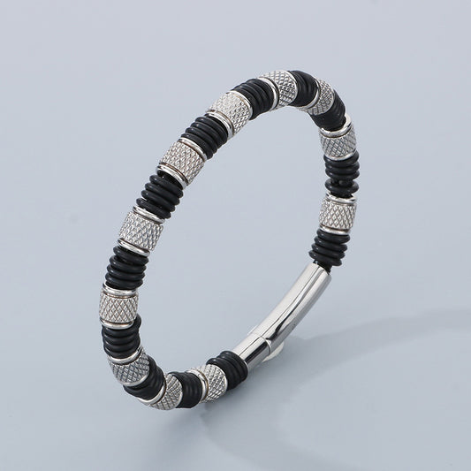 Stainless steel bracelet for men with microfiber leather insert – Timeless pearl design for business & leisure