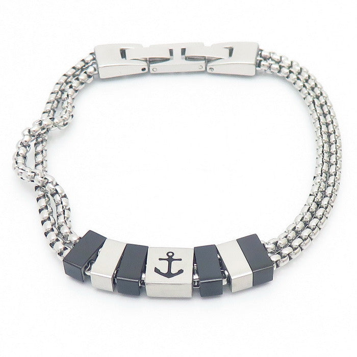 Stainless steel bracelet for men with maritime motifs - anchor, steering wheel, tree of life and stars in 2-layer design