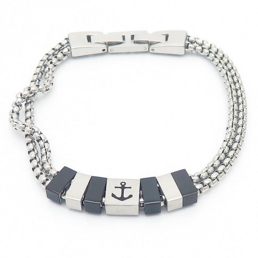 Stainless steel bracelet for men with maritime motifs - anchor, steering wheel, tree of life and stars in 2-layer design
