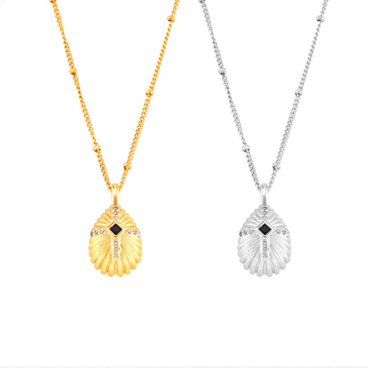 Shell texture cross pendant with zirconia | Stainless steel chain in 18K gold or high-gloss silver