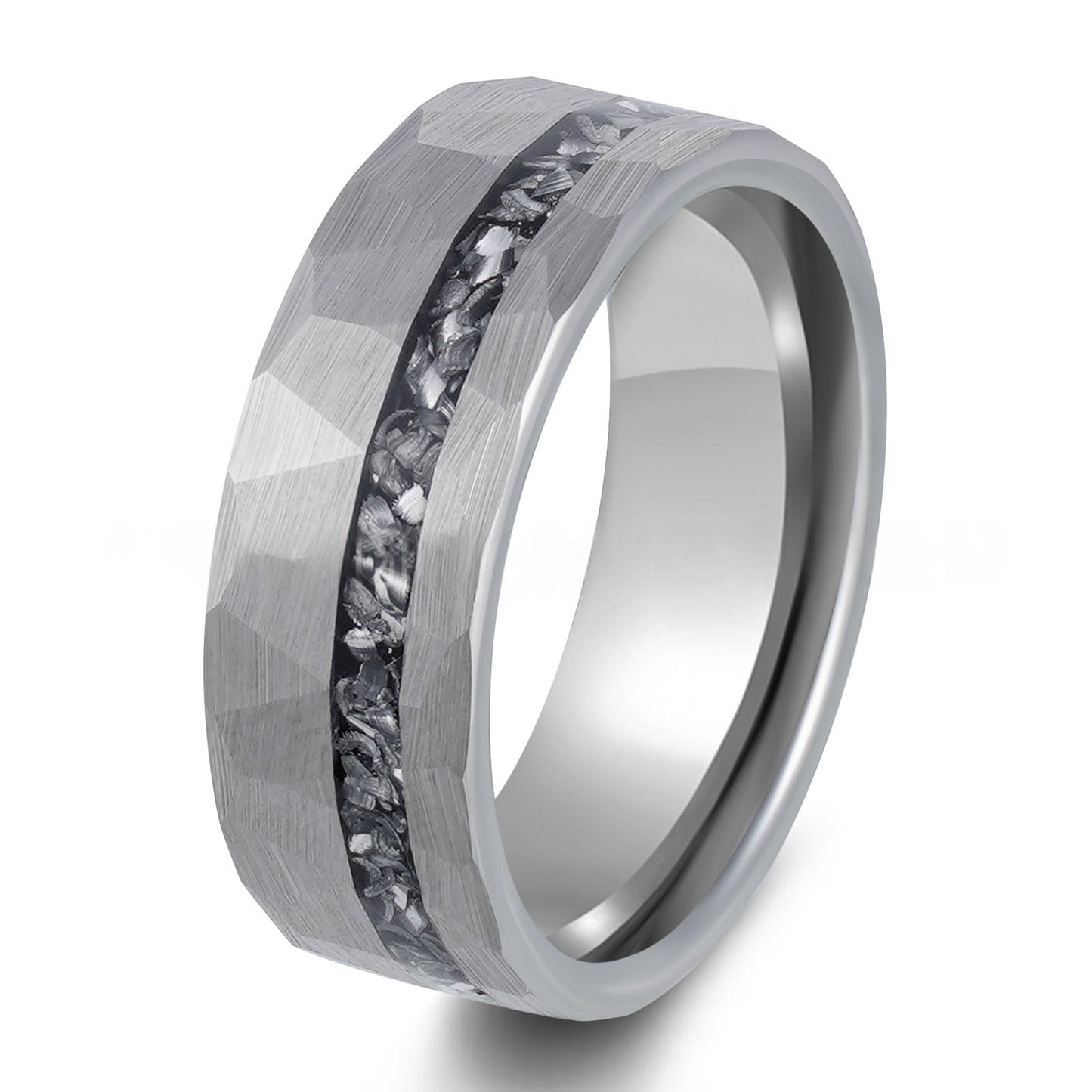Maskuliner Wolframring mit Meteorit und Hammerschlag-Design – 8 mm Breite