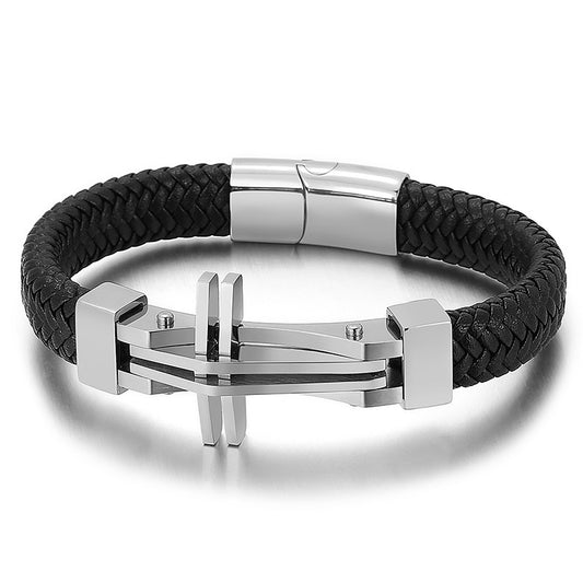 Men's stainless steel bracelet with cross pendant and leather braiding | Hypoallergenic