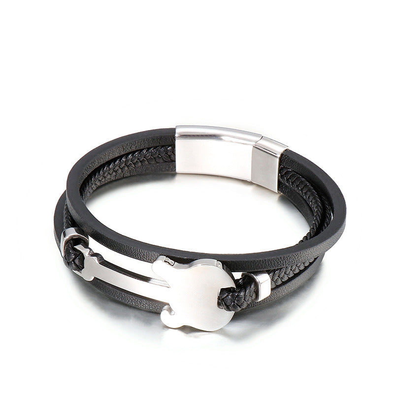 Titanium steel bracelet with mini guitar pendant – multi-layer braided leather strap in vintage design