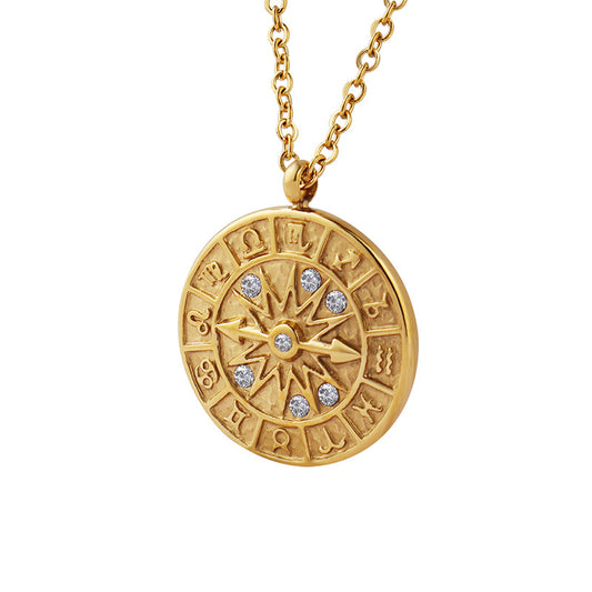 Retro medal pendant with zirconia & relief dial – stainless steel chain in gold or silver