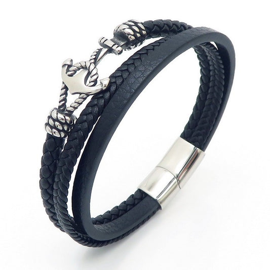 Maritime leather bracelet with stainless steel anchor charm – multi-layered hand-braided