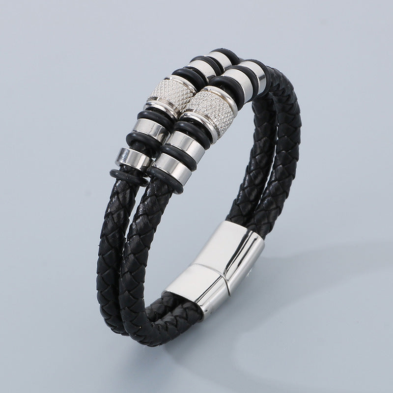 Multi-layered leather braided bracelet made of stainless steel – retro punk design with magnetic clasp