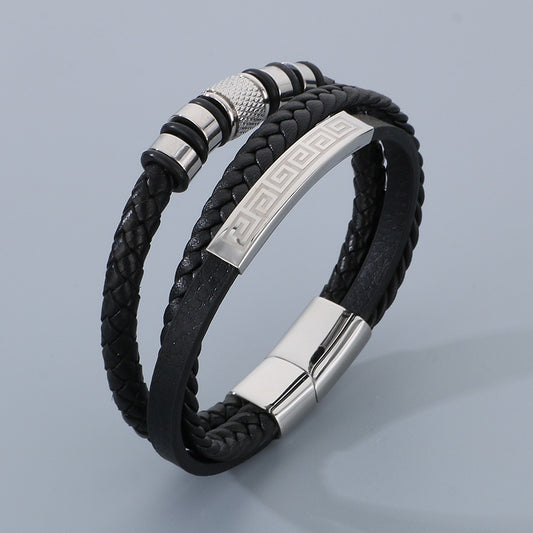 Men's titanium steel bracelet - multi-layer leather braid with curved stainless steel sheet and magnetic clasp