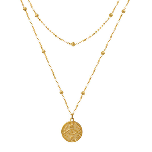 French Vintage Eye Pendant – Double Layered Necklace in Gold or Silver