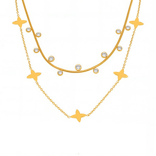 Lucky clover pendant necklace with zirconia and pearls – 18K gold-plated stainless steel or silver look for stylish layering