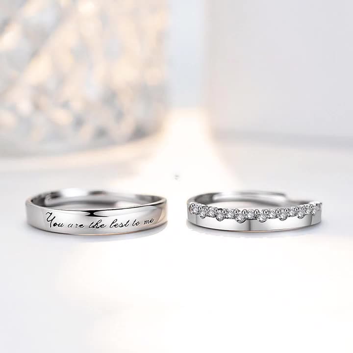 S925 Sterling Silver 'You Are The Best To Me' Couple Rings - Adjustable Size, Rhodium-plated White Gold Finish with Sparkling Zirconia Stones