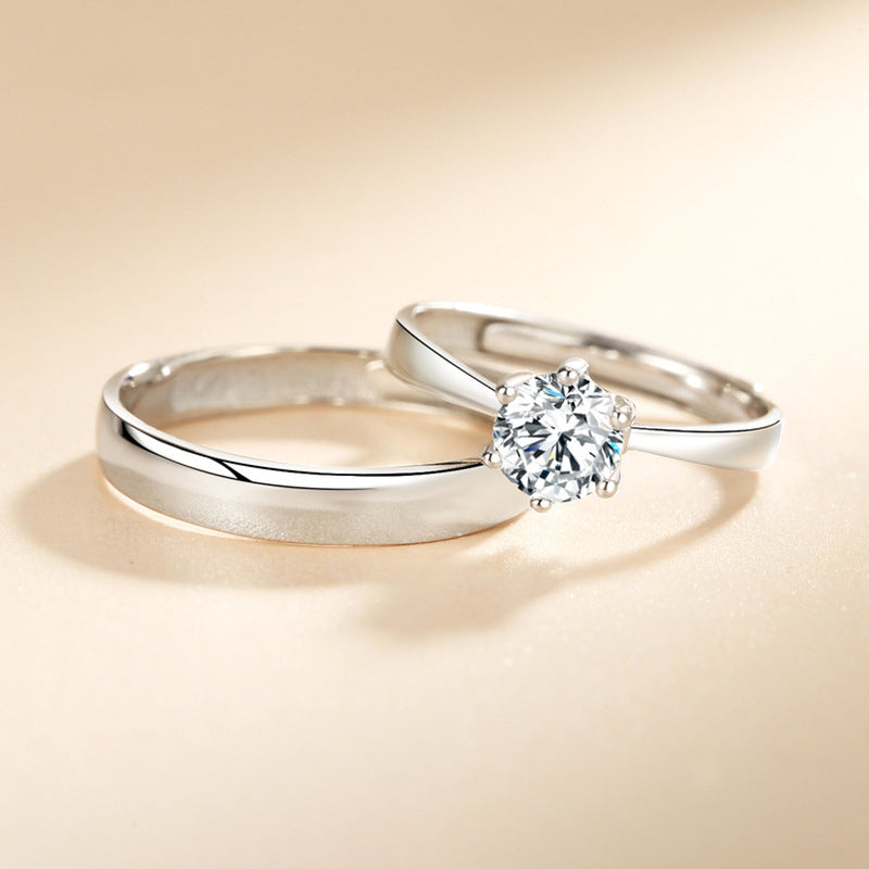 S925 Sterling Silver Couple Rings (6-Prong) - Rhodium-plated white gold look, adjustable & with cubic zirconia