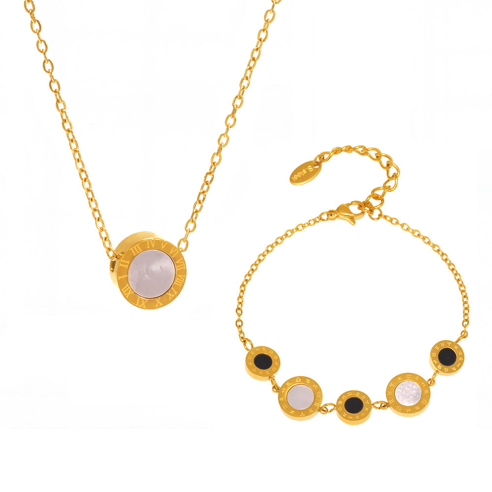 Elegant shell bracelet & necklace set with Roman numerals – 3 color variations